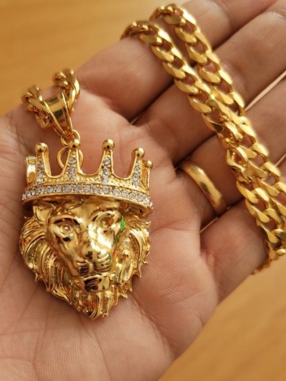 Gold Plated  Stainless Steel Lion Crown Pendant Necklace - Bold Statement Piece